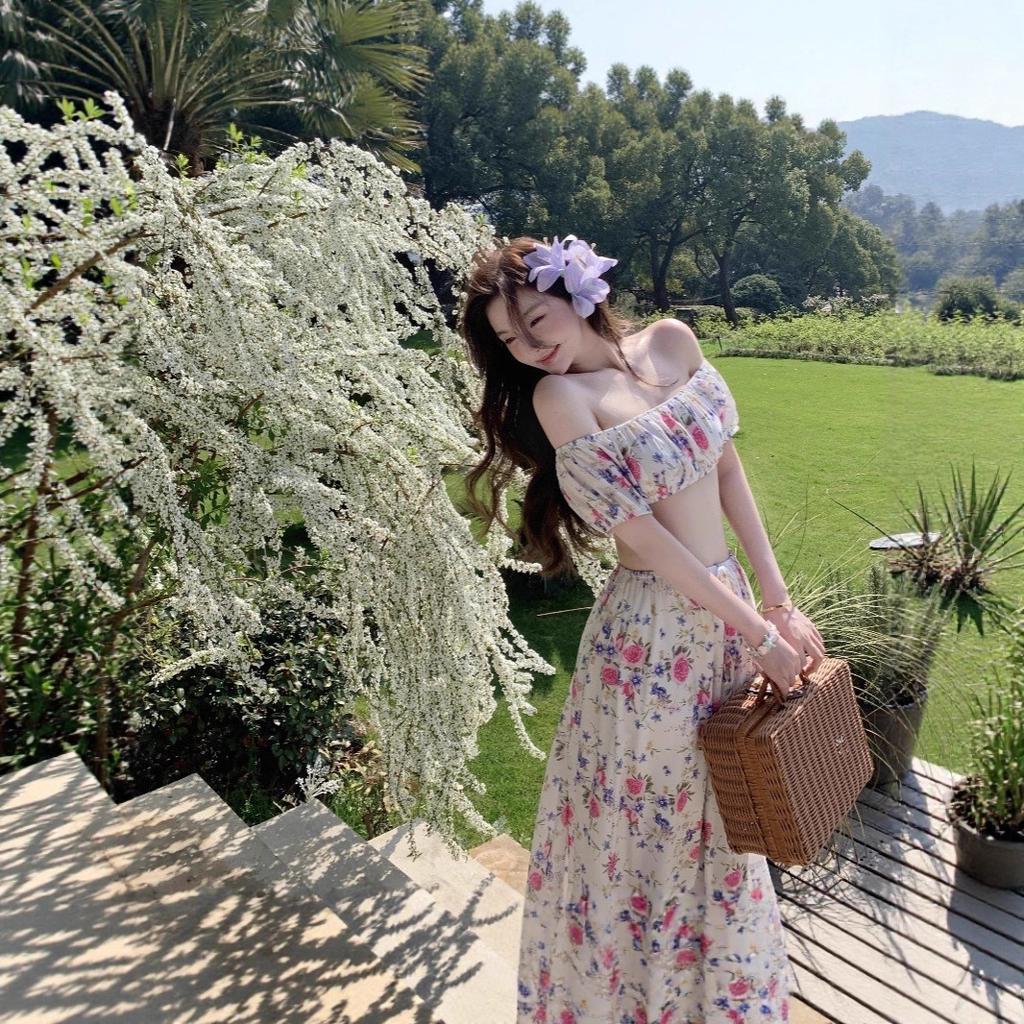 French one-word collar floral tube top spring and summer seaside vacation style skirt suit women