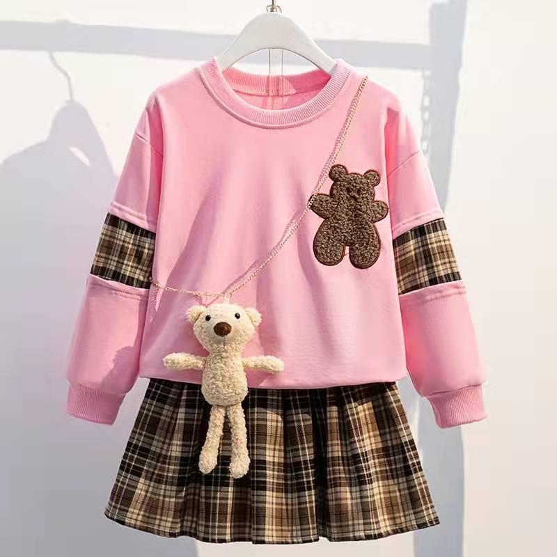 

Костюм JK для девочек, весенне-осенний модный милый удобный повседневный хлопковый свитер, клетчатая плиссированная юбка 160 розовый