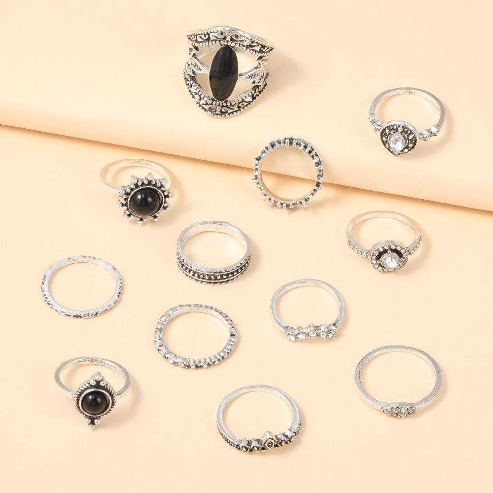 Ring, Retro And Old Point Diamond, Black Gemstone 12-Piece Set, Ring Alloy Jewelry.