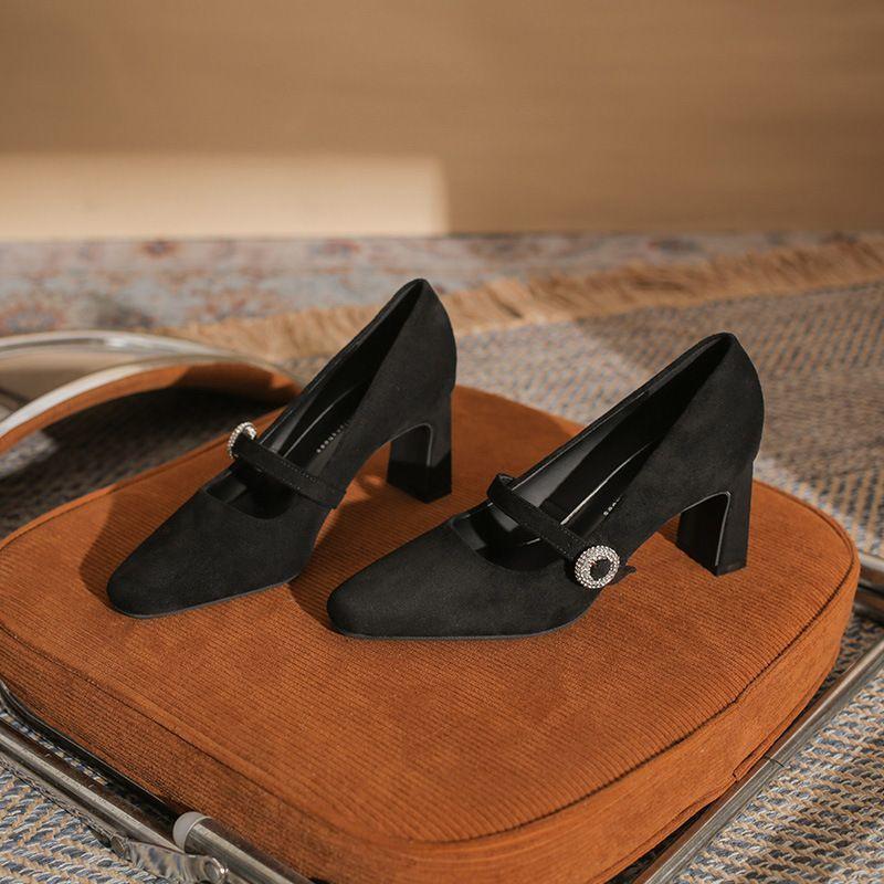 French retro square head Mary Jane shoes one-word high heels 2025 spring and autumn new single shoes women's shoes square heel temperament