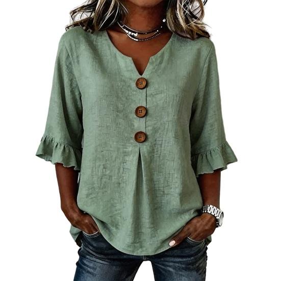 Women Shirt Stand-Up Collar V-Neck Buttons Decor Half Sleeve Ruffle S
