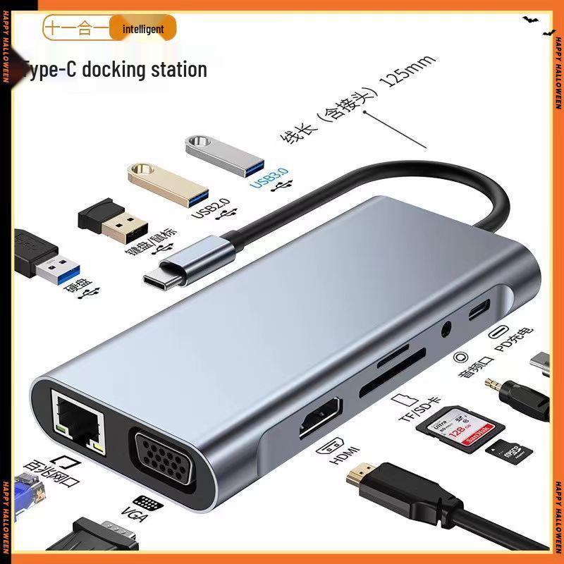 

11-in-1 Type-C Docking Station: HDMI, Card Reader, VGA, Network, USB Ports for Laptop & Phone Screen Casting