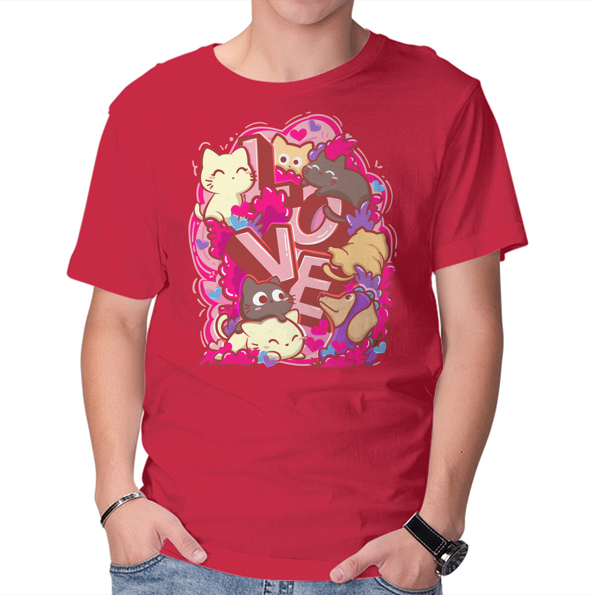 Unisex Crew Neck T-Shirt Meow Love Graphic Short Sleeve Casual Tee XXXL