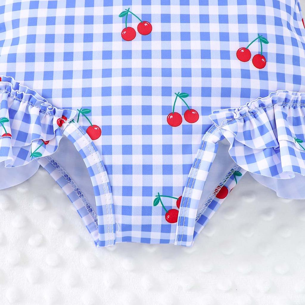 Cute Cherry and Plaid Print Girls One Piece Swimwear Ruffled Flutter Sleeves and Hem Summer Hot Sale for 4 7 Years Girls Pool Beach Wear