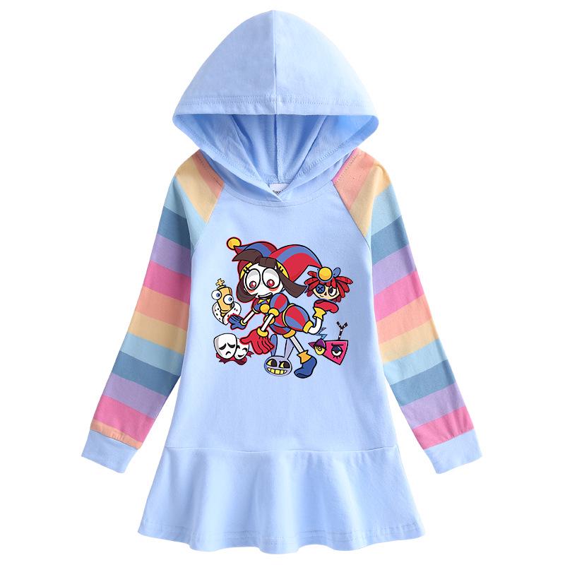 2026 Spring/Autumn Girls' Ruffle Cartoon Rainbow Hooded Princess Long Sleeve Dress