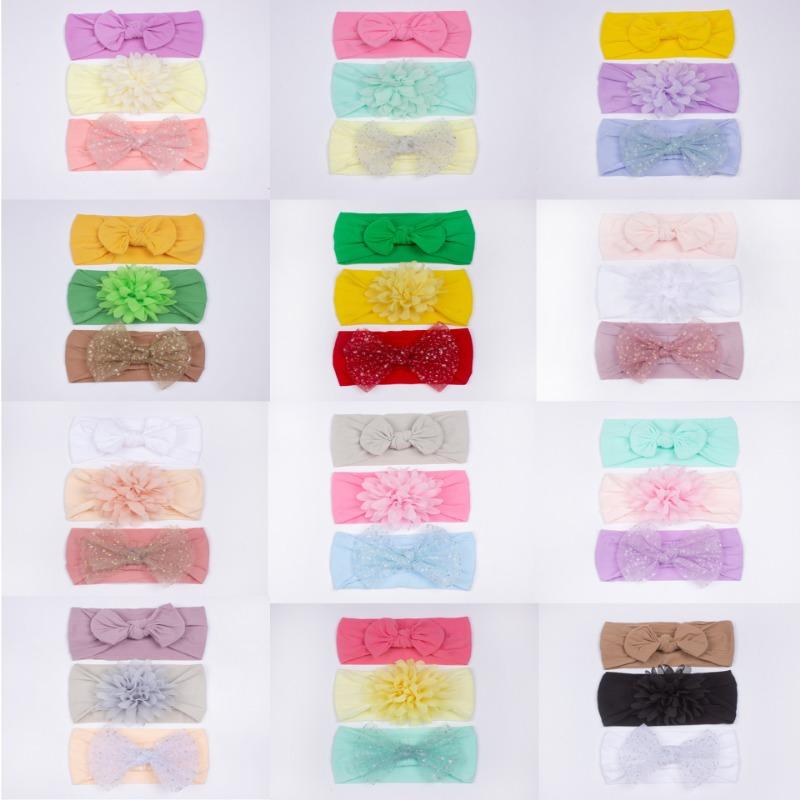 3Pcs new children's hair accessories, baby nylon bow does not hurt the skin, wide headscarf, baby headband.