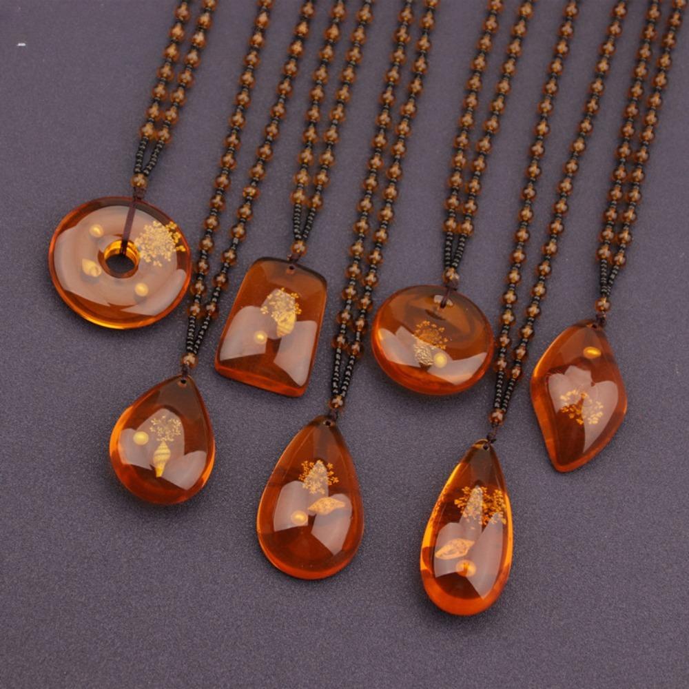 Ethnic Retro Inlay Plant Specimens Imitation Amber Beeswax Water Drop Jade Donut Pendant Necklace for Women Men Fashion Jewelry
