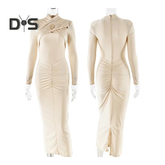 Dámské večerní šaty s vyhloubeným tělem, kovová spona nařasená elastická čistá barva midi šaty s dlouhým rukávem, plesové šaty