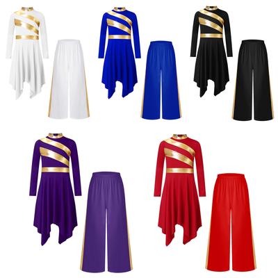 Girls Worship Dance Outfit Mock Neck Long Sleeve Asymmetrical Hem Contrast Color Metallic Patchwork Dress Wide Leg Pants Costume Set