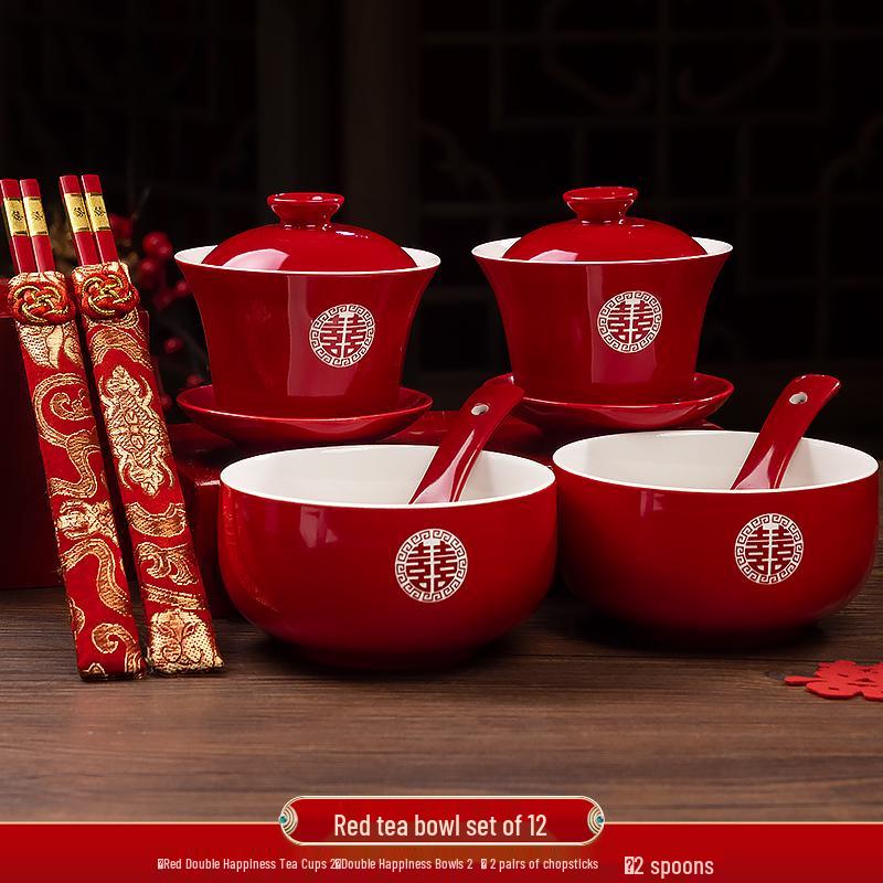 Festive Red Wedding Tea Set: Lidded Bowls, Tea Cups, and Chopsticks