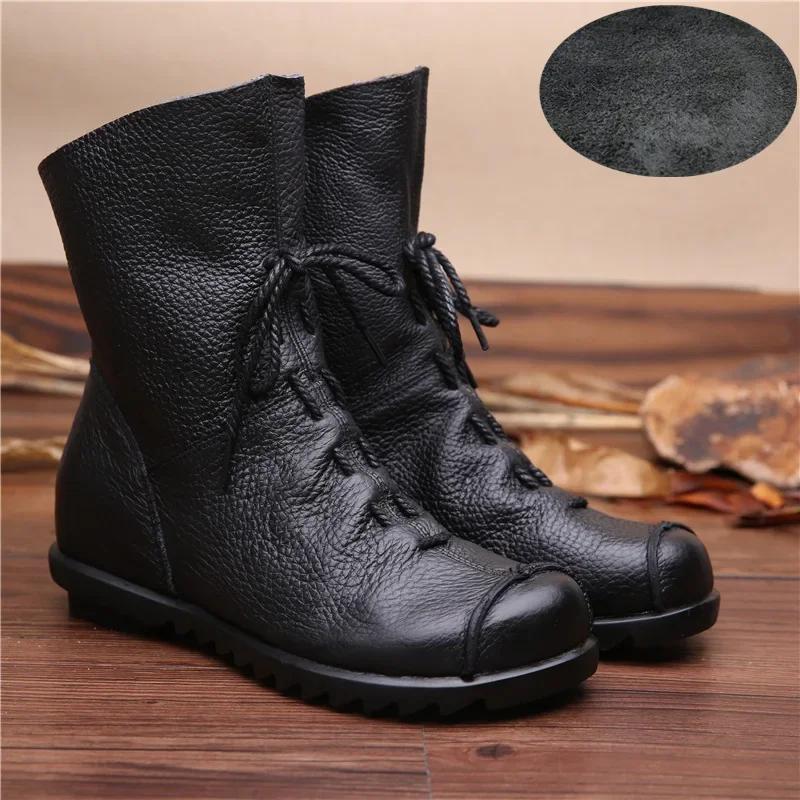 Women Boots Soft Leather Woman Short Retro Soft Leather Shoes Girls Flat Non-slip Short-tube Soft-soled Cotton Boots Shoe