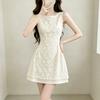 French Elegant Temperament Wind Apricot Lace Vest Dress Female Summer Giant Good-looking Sleeveless Waist A-word Short Skirt