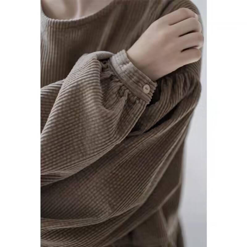 In-Stock Khaki Corduroy Puff Sleeve Dress for Autumn/Winter - Loose Fit, Long Sleeve, Literary Style