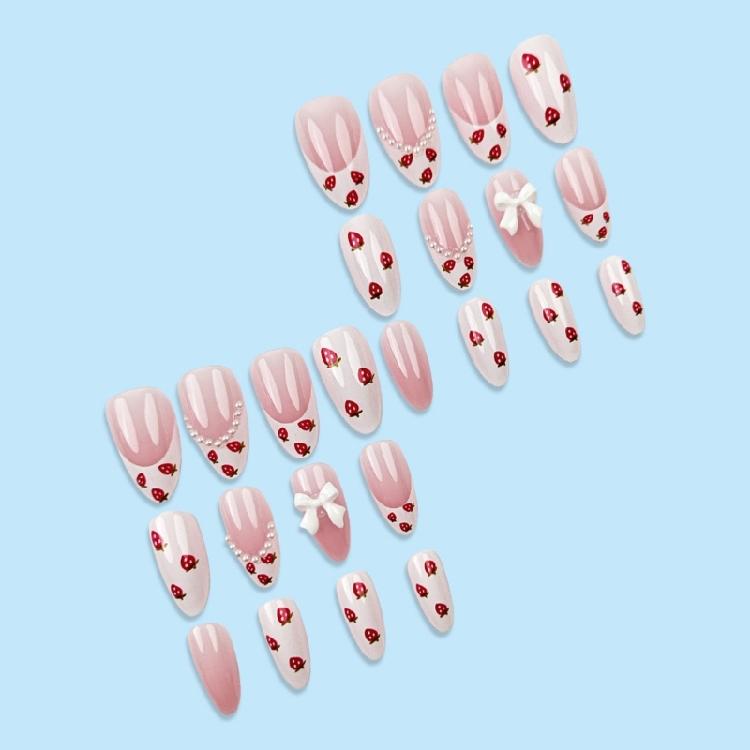 24pcs Short Press On Nail Almond Stick On Nail French Styles Full Cover False Nail with Strawberry Designs for Women