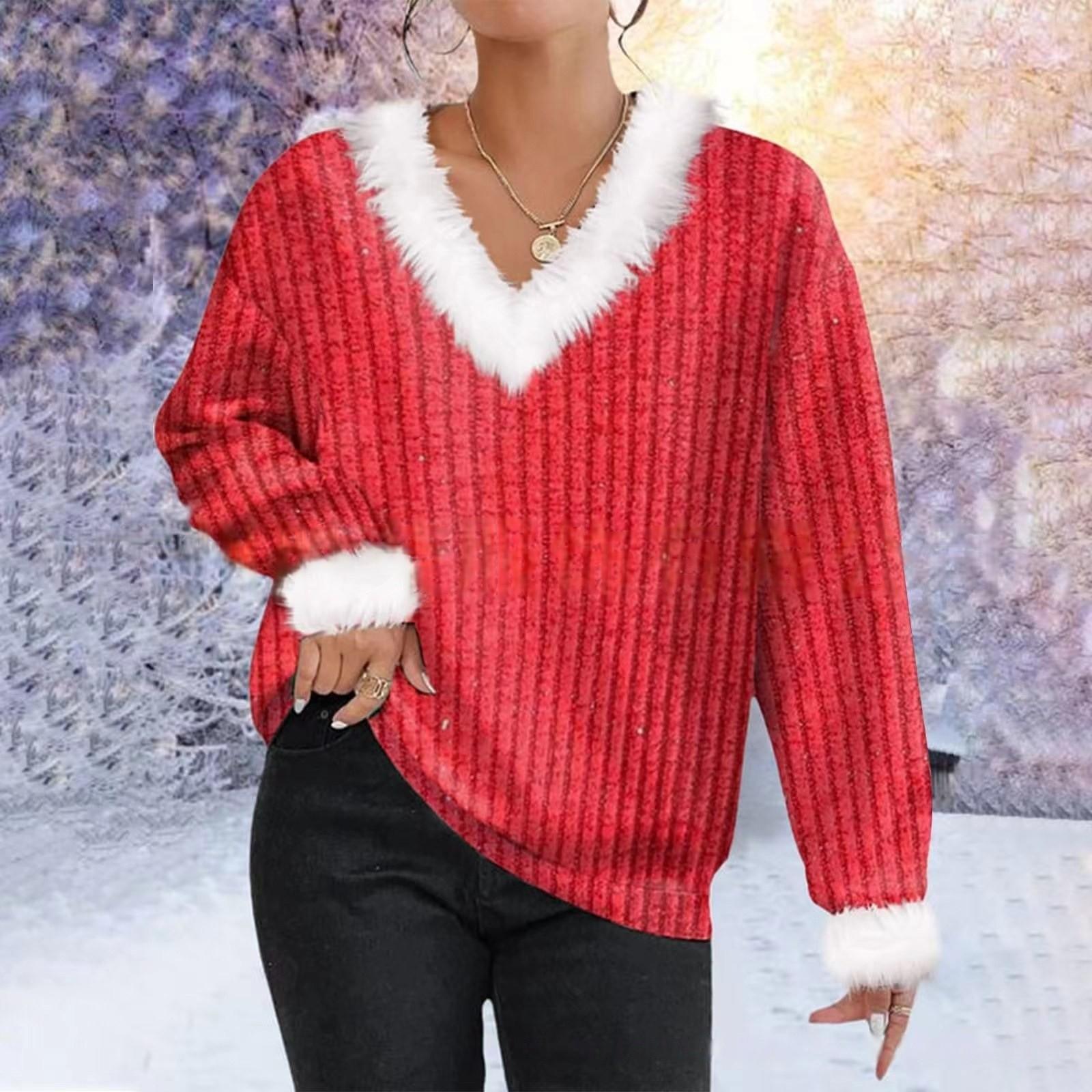 

Женская мода V-образный воротник из шерсти и хлопка с вертикальным сплошным цветом свитер XL красный
