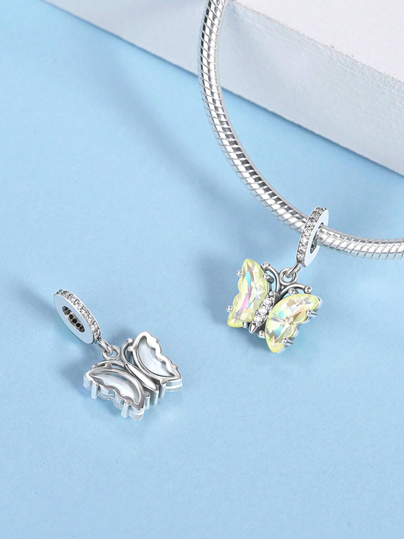 Посеребренные Аутентичные Шармы-Бусины Шармы Цветные Бабочки из Каменной Крошки Совместимы с Браслетами Женские Украшения Подарок