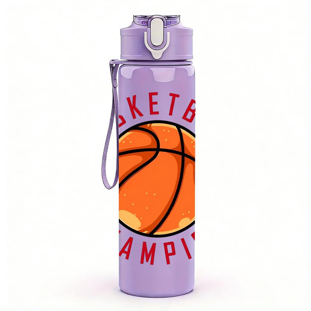 1PC Basketball Champion Circular Emblem 750ml Color Plastic Water Bottle Leakproof Flip Straw Lid For Sports Office Home Use