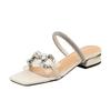 25 Summer New Diamond-encrusted Letter Sandals Korean Medium Heel Bow High Heel Open Toe Sandals Women's Shoes Thick Heel