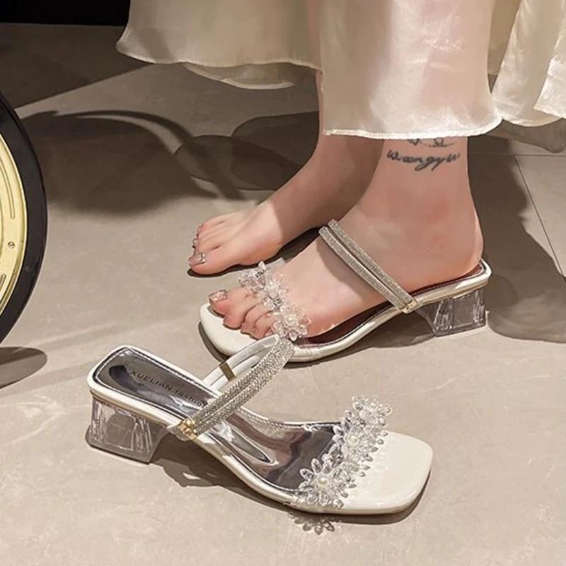 Fashion Women's Sandals Thick Heel Rhinestones Ladies Shoes Summer Sale Low Price Chic and Elegant Sandal 2025 Comfortable On Footwear
