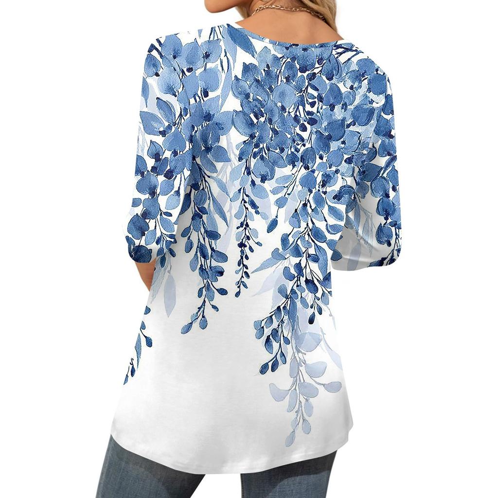 Women's Fashion Casual Three-quarter Sleeve Printed Round Neck Top
