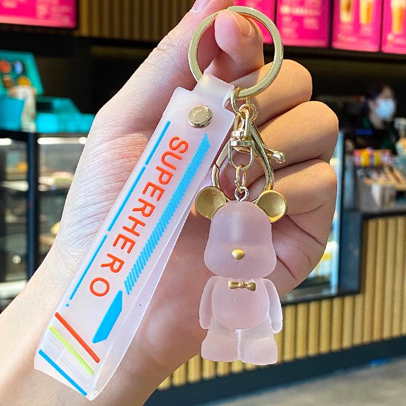 Pink Crystal Cartoon Bear Keychain with Bow Tie - Girlish Heart Acrylic Pendant for Bags
