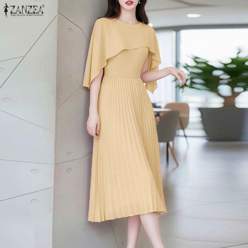 ZANZEA Damen Freizeit Rundhals Ärmellos Elegant Umhang Kleid