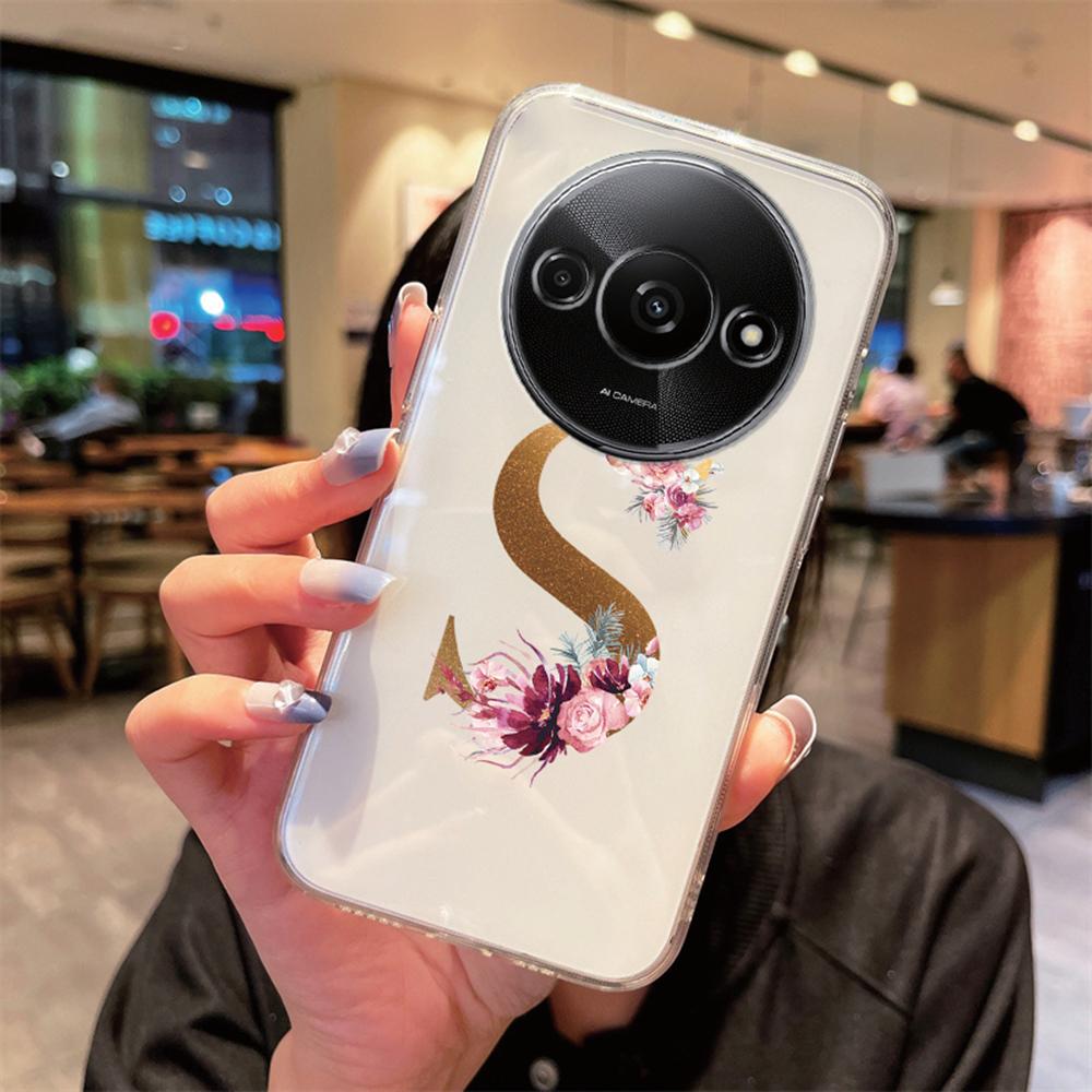 Phone Case For Xiaomi Redmi A3 Redmia3 Transparent Silicone Camera Protection Colorful Flowers Golden Letters A-Z Clear Cover