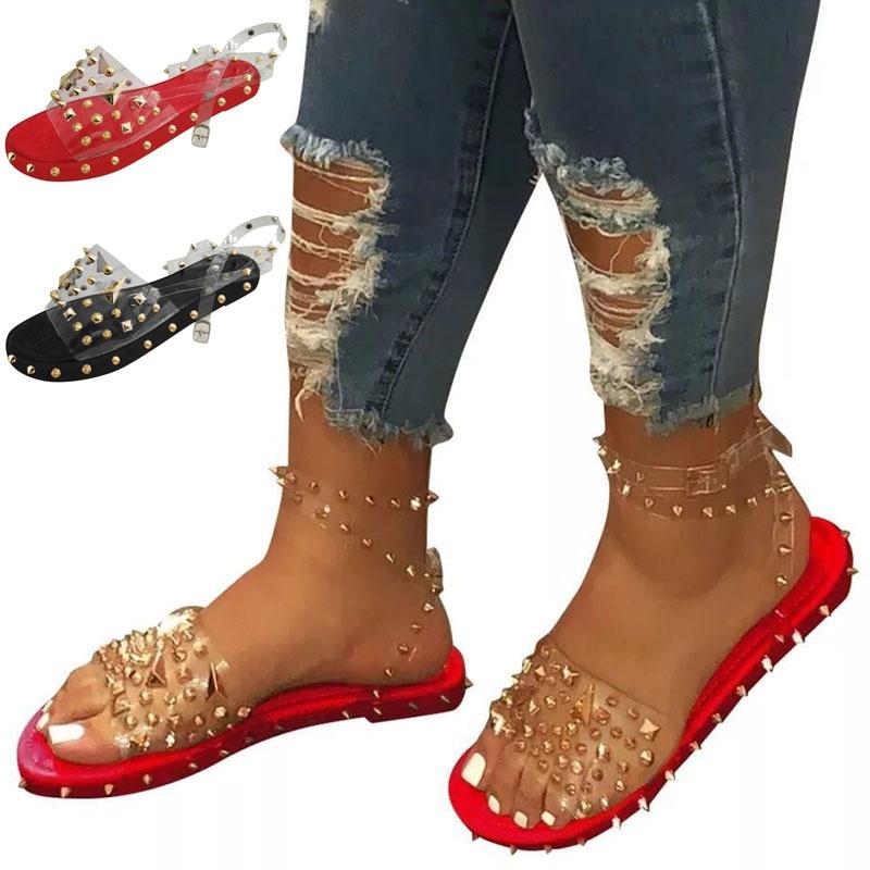 Women Summer Ankle Strap Sandals With Rivet Accents And Transparent Upper For Breathable Comfort