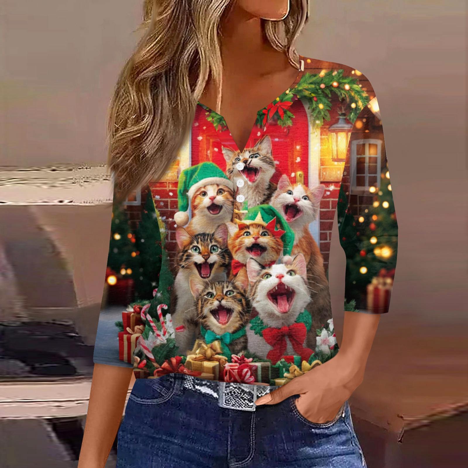 

Женская модная повседневная рождественская блузка с V-образным вырезом и рукавом три четверти, украшенная пуговицами XXL оранжевый