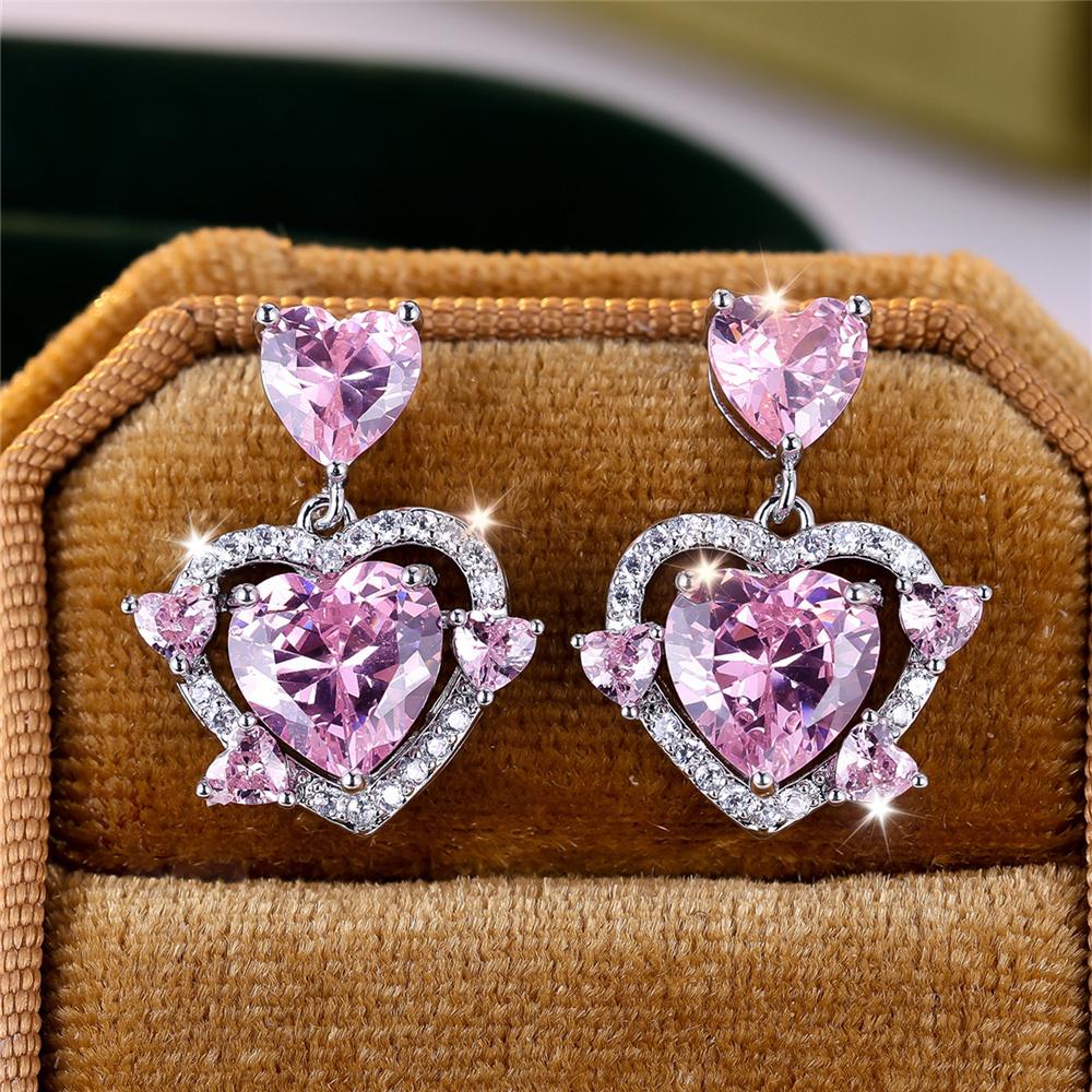 Süße weibliche Stein Weiß Rosa Zirkon Liebesherz Ohrstecker Silberfarbe Hochzeits Schmuck für Frauen