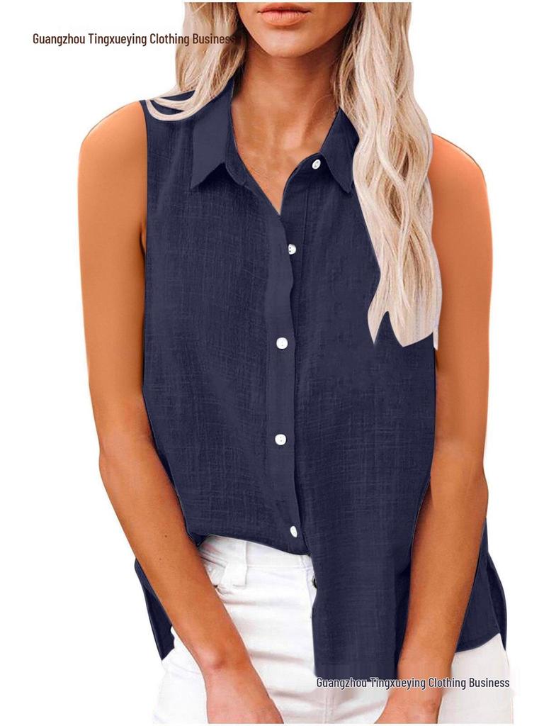 Sommer ärmelloses Revers Baumwolle Leinen Damenhemd