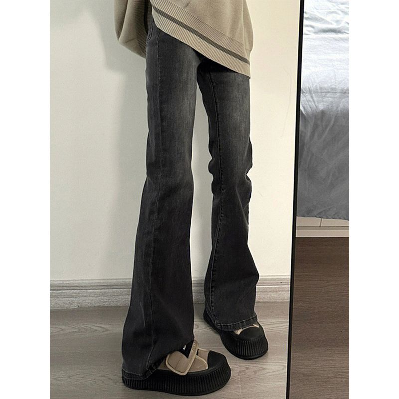 

mm Smoky Gray High Waist Loose Straight-leg Micro-Pull Denim Black Gray S(Suggestion 40-45kg)