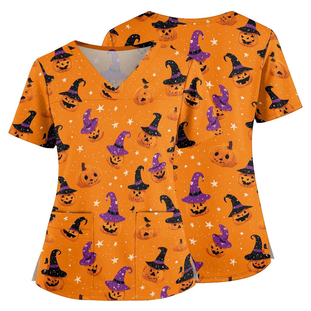 Halloween Print V Neck Medical Scrub Top with Pockets Side Slits Short Sleeve Nurse Uniform Shirt for Women