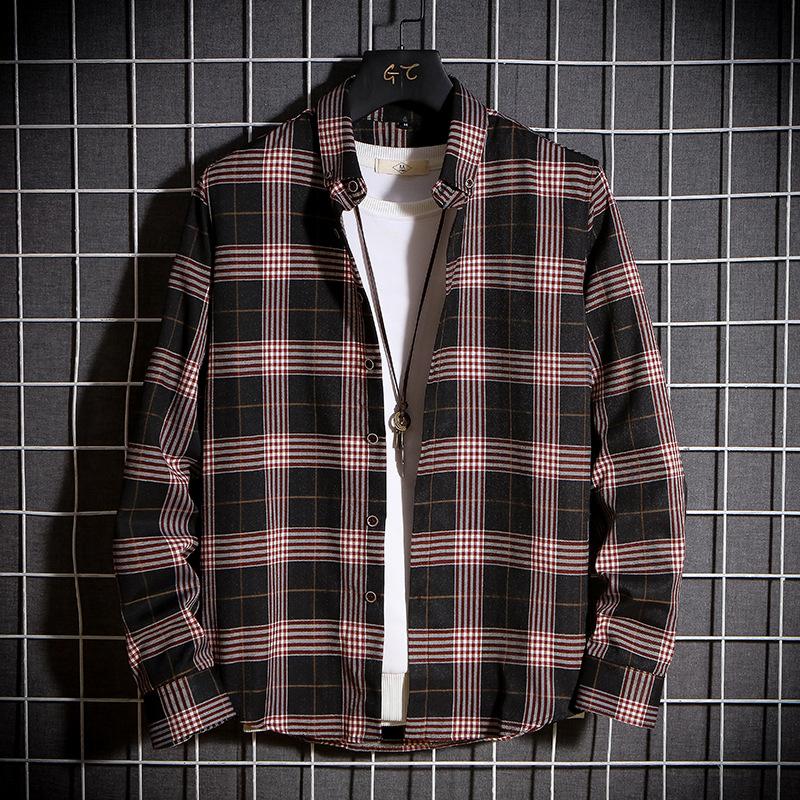 Men Fashion Plaid Long Sleeve Loose Casual Stand Collar Shirt