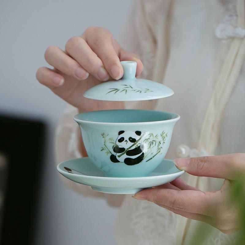 Chinese Style Panda Ceramic Cover Bowl Cup Kung Fu Tea Set Restaurant Home Brewing Tea Bowl Single High End Gift Giving Ceramic Tea Set