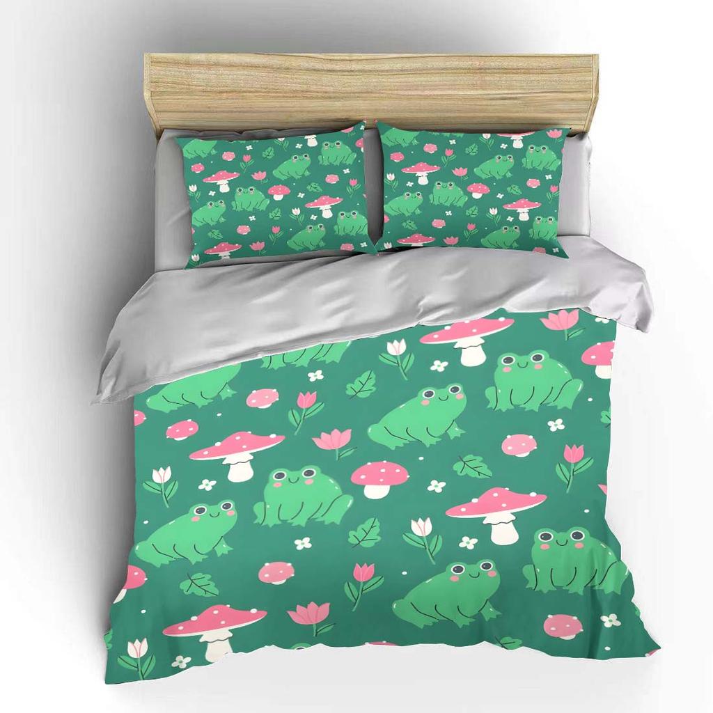 Cartoon Frogs Mushrooms Flower Background Bedding Set 1 Duvet Cover 2 Pillowcases For Adult And Children Luxury Gift Full Size