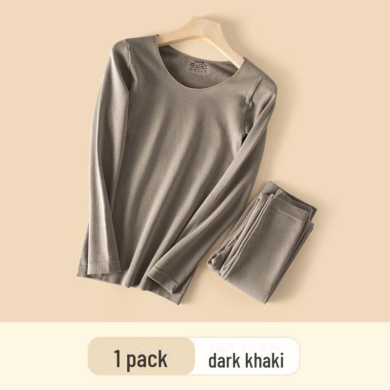 

Комплект женского термобелья: Утолщенный круглый вырез, высокая талия, махровый флис для осени/зимы. One Size темные хаки