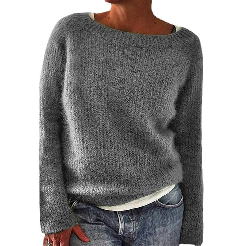 Solid Colour Basic Knit Sweater with Round Neck Stylish and Versatile Luxurious Relaxed-fit Slimming and Versatile Top