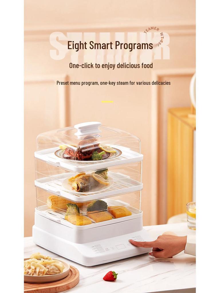 Dual Voltage Electric Steamer & Hot Pot, 10.5L Capacity, Double-Layer Insulated Cooking Pot.