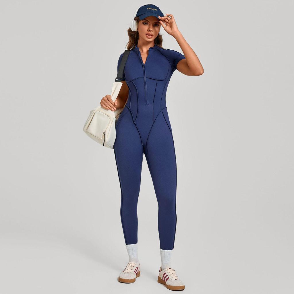 Women's Short-Sleeve Half-Zip Tummy-Control Yoga Jumpsuit