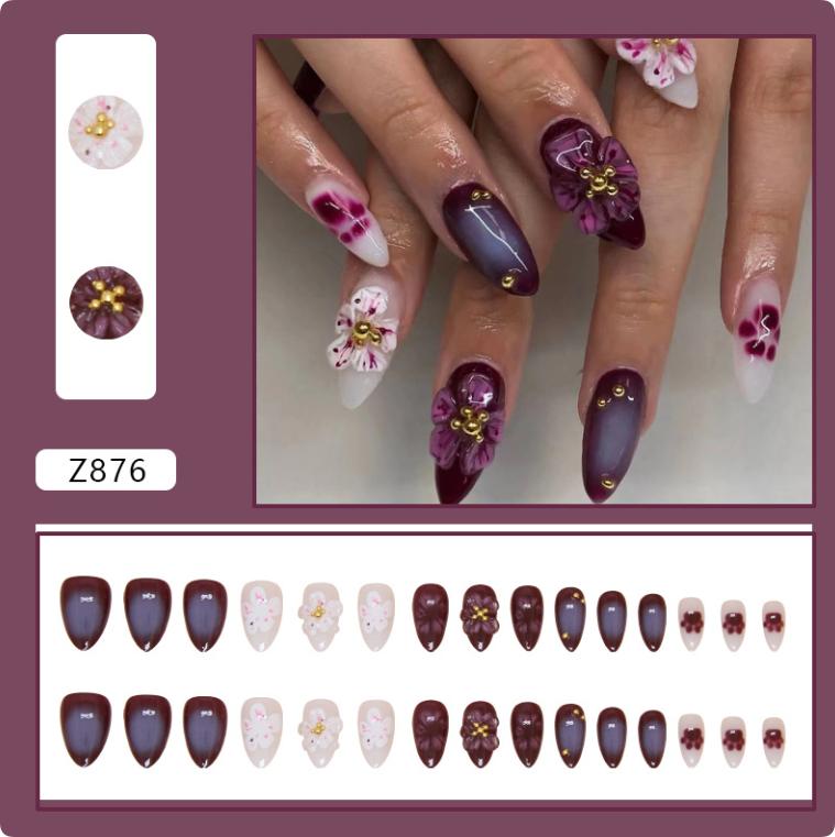 French Style Pink Flower Art Nail Patch Long Almond Fake Nails With Pearl Flower For Women Diy Manicure Accessories
