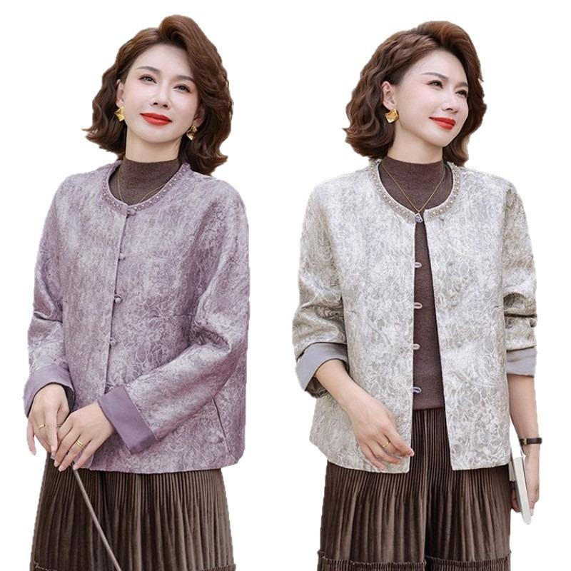 Middle-aged and elderly temperament Spring and autumn Chinese jacket short top New middle-aged and elderly women's clothing