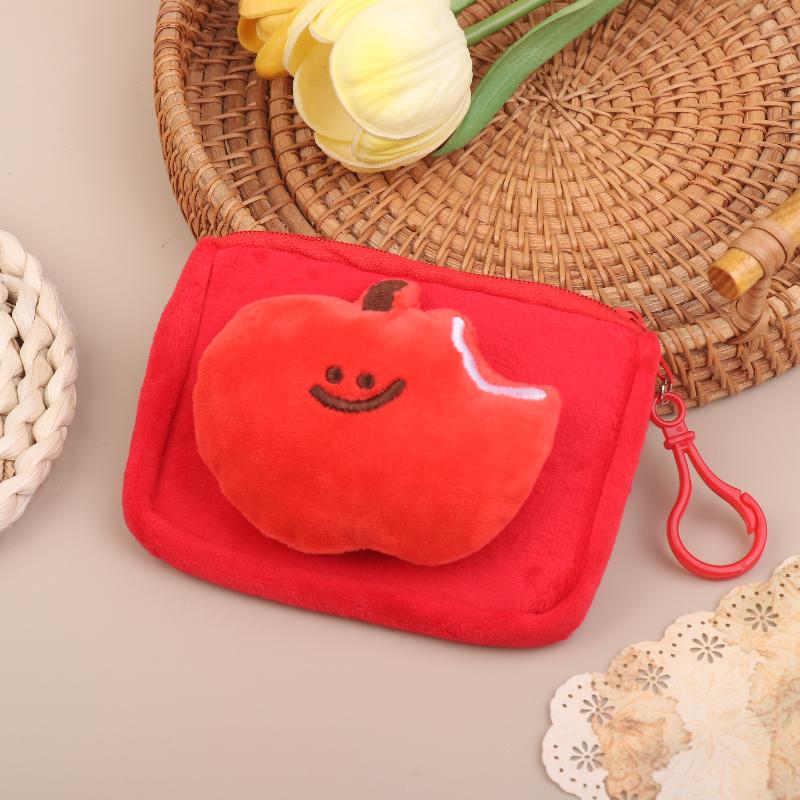 Cute Red Fruit Plush Coin Purse Mini Zipper Pouch With Keychain Cartoon Fruit Wallet For Earphones Coins Bag Charm Gift Rectangle