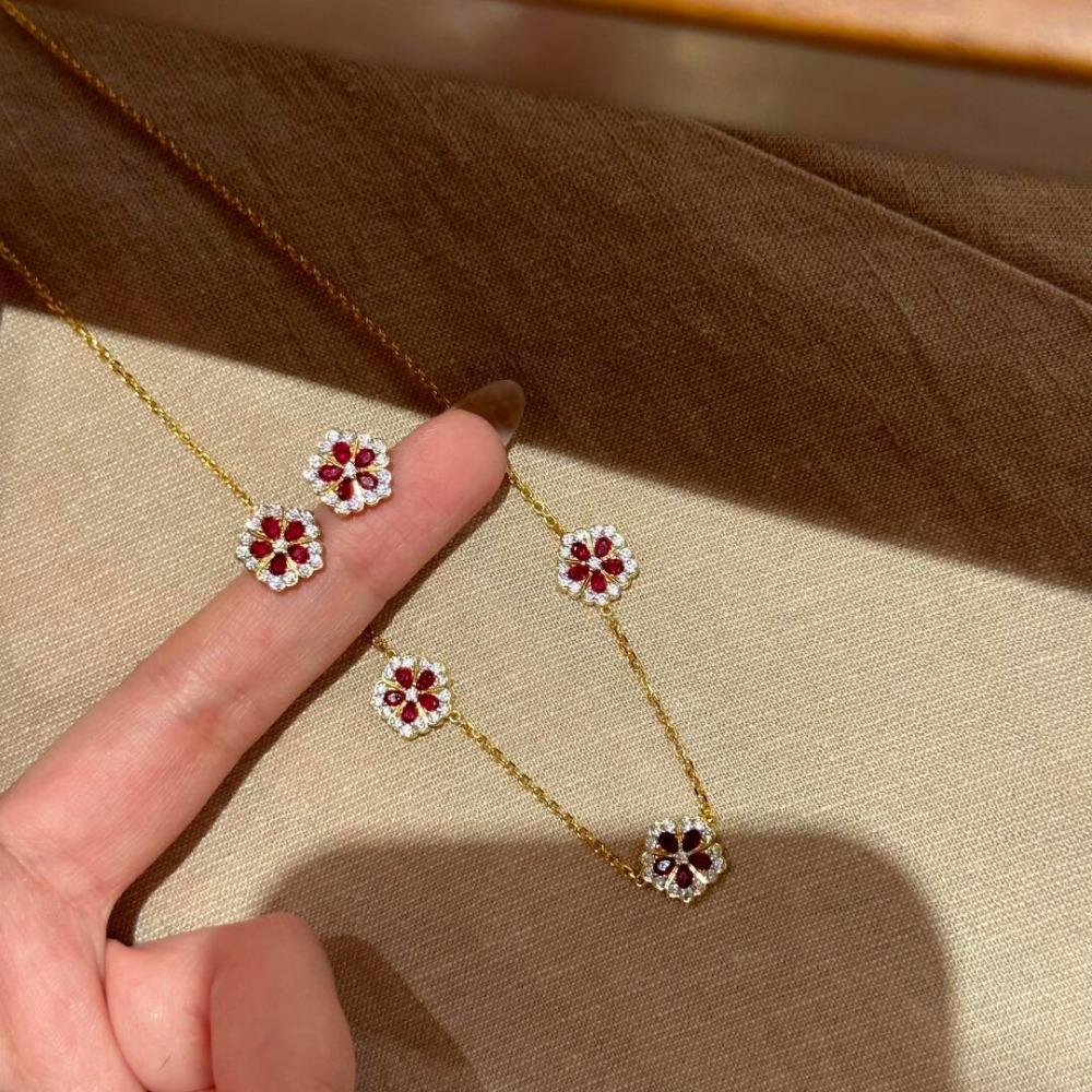 New Chinese Style Red Peony Necklace Gold Plated Luxury Ruby Peony Flower Earrings Jewelry Set for Women