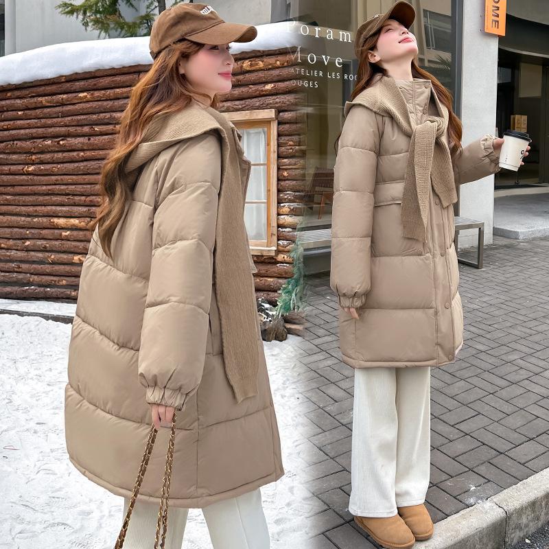 Down cotton jacket women's winter mid-length padded jacket loose knitted shawl thickened cotton jacket 2025 new coat