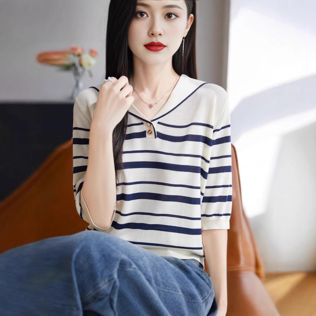 

Women s Navy Striped Knit Sweater - Versatile Short Sleeve Loose Fit Fashion Top Medium