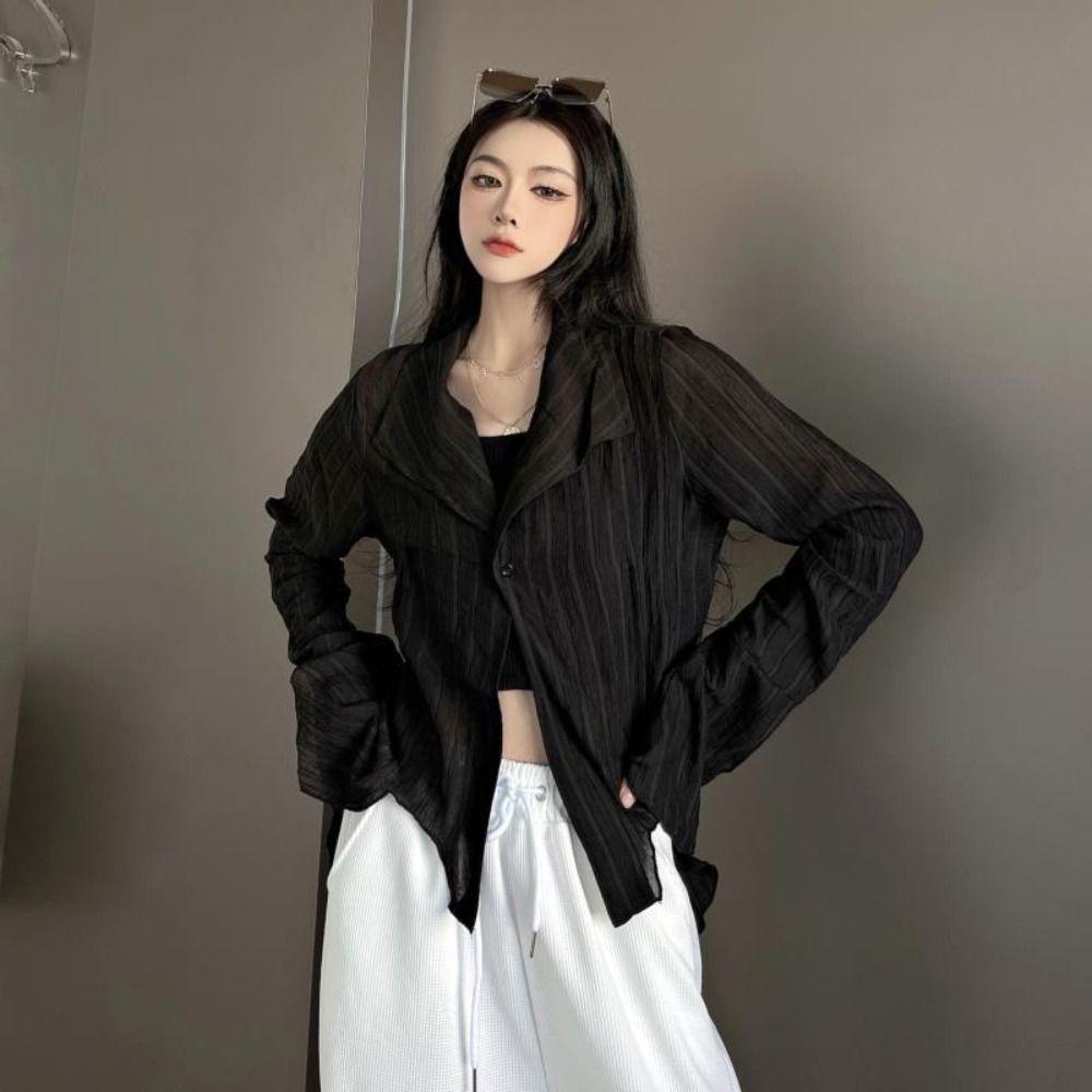 

Simple Long Sleeve Blouse Ins Retro Blouse Leisure Solid Overshirts Spring/Summer