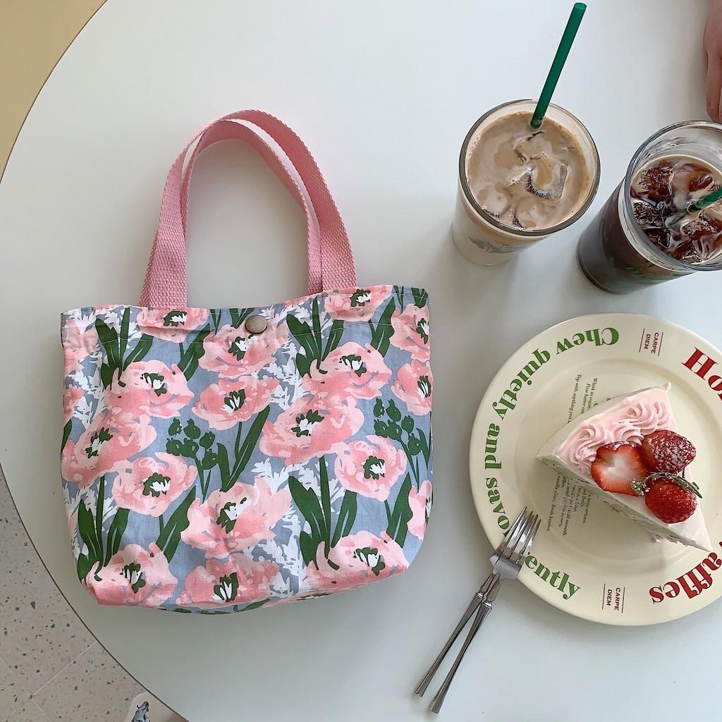 Trendy Street Style Floral Cotton Bento Bag Cute Canvas Lunch Tote For Women