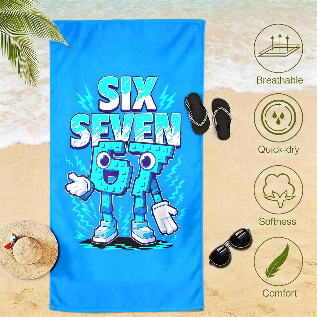 Personalized Number 67 Cartoon Beach Towel 2D Print Soft Quick Dry Sand Resistant for Summer Travel Swimming