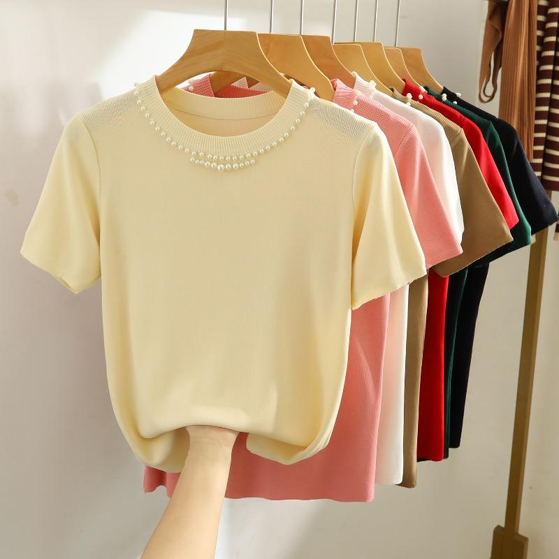 Fashion Short Sleeve Loose Knitted T Shirt Women Summer New Beading Round Neck Casual Women's T-shirt Tops Elegant Slim Fit Simple Woman Tee 26235
